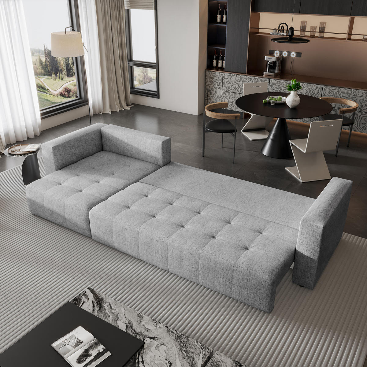 ECKSOFA OLVERA Hellgrau Geflochtener Stoff mit Schlaffunktion - Hellgrau, Holz (347/148cm) - MASSENO