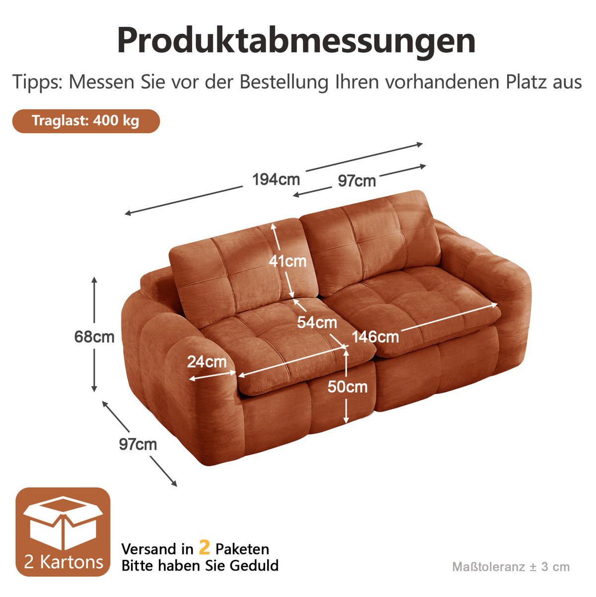 SOFA 194/97/68 cm in Orange aus Chenille mit flexiblem Modulaufbau - Orange, Textil (97/68/194cm) - Flora Grace