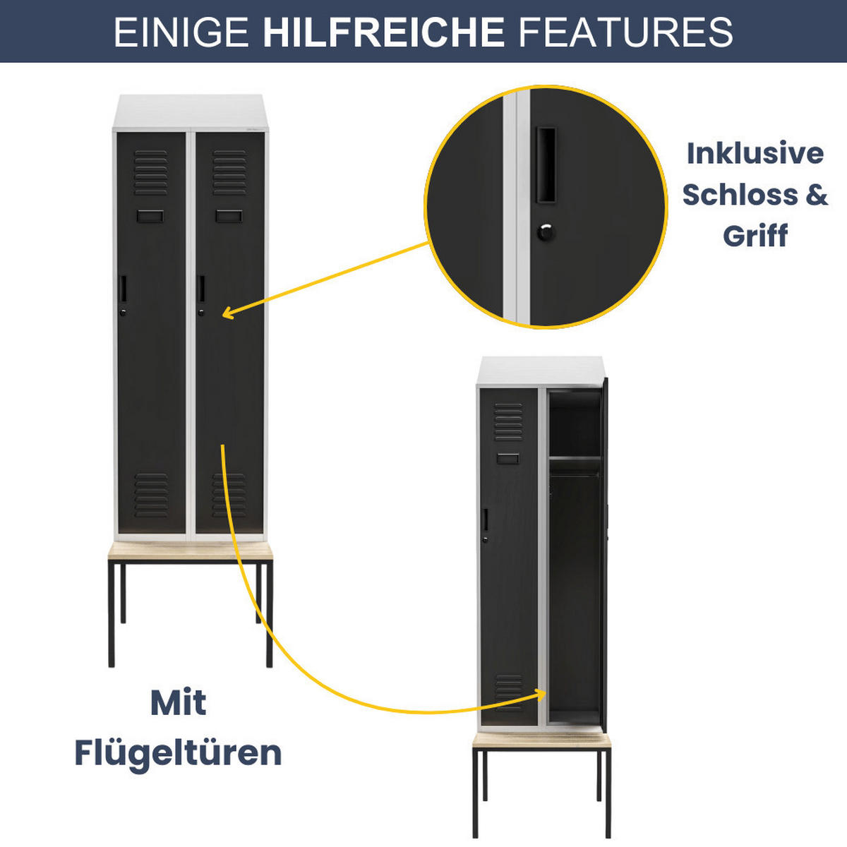 UMKLEIDESCHRANK Spind mit Sitzbank BARCA 2 Abteile 229,5x60x85cm Grau-Anthrazit - Grau, Metall (60/229.5/85cm) - DELUKE