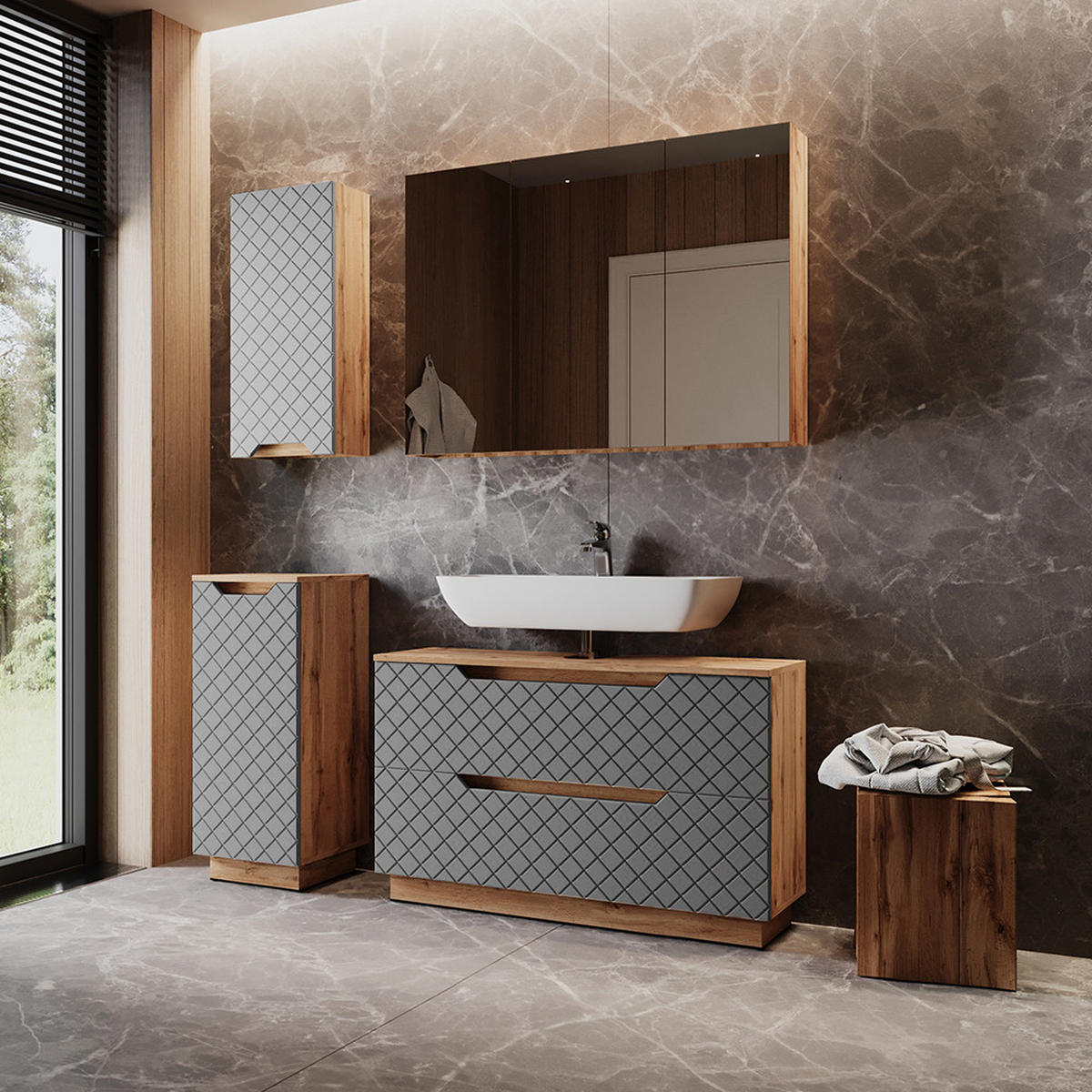 BADMÖBEL-SET Lotta Eiche/Grau mit Kachelstruktur 4 Teile - Eichefarben/Grau, Holzwerkstoff (99.4/62.5/32cm) - Vicco