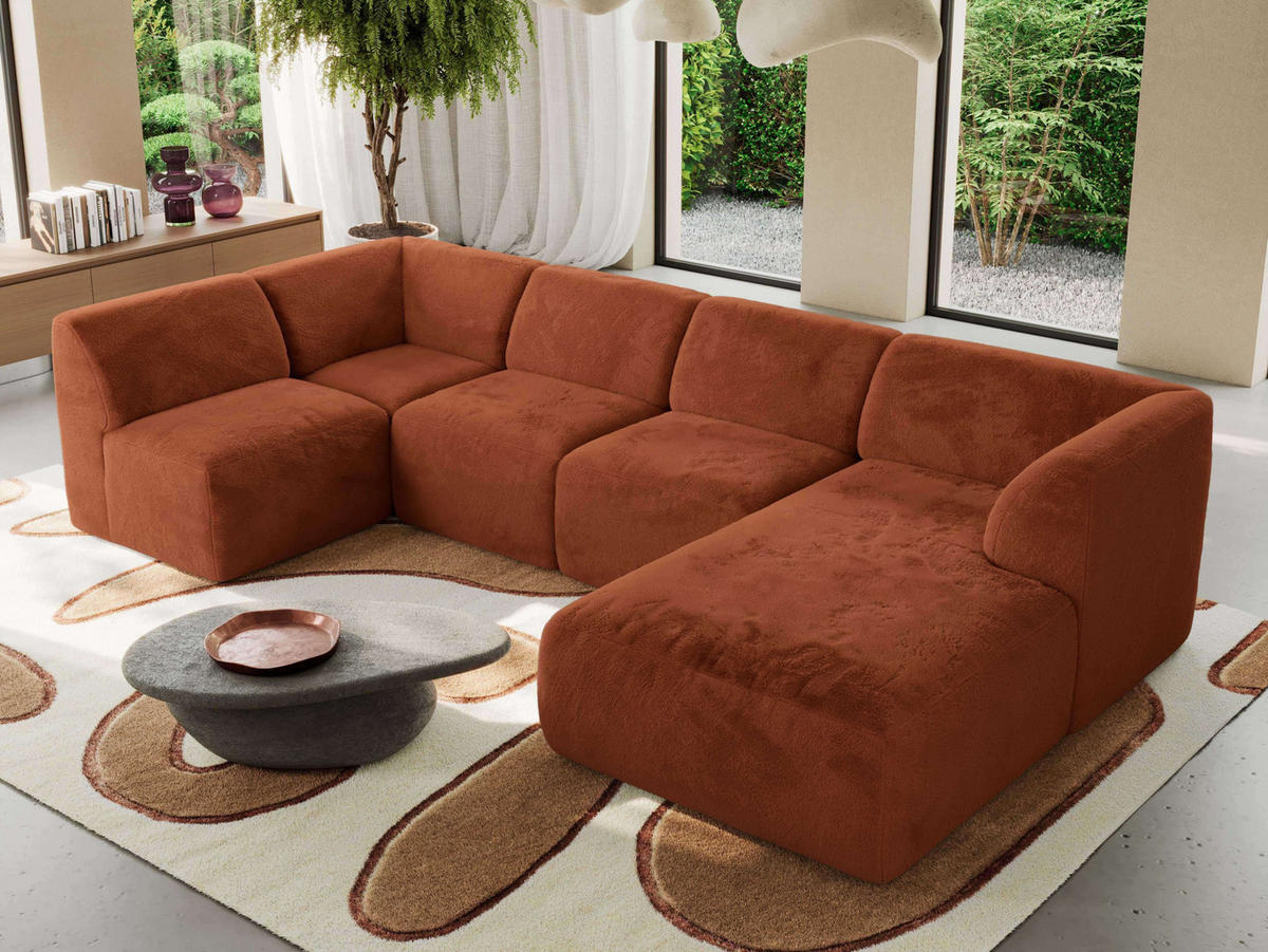 WOHNLANDSCHAFT MODARO U 6M - Orange Plüsch - Rechts - Schwarz/Orange, Textil (345/78/180cm) - MKS