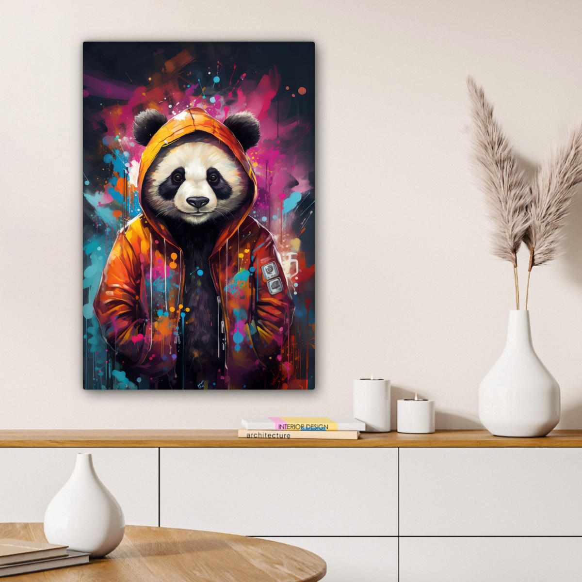 LEINWANDBILD Panda - Jacke - Graffiti - Orange 60x90 cm - Orange, Textil (60/90cm) - MuchoWow