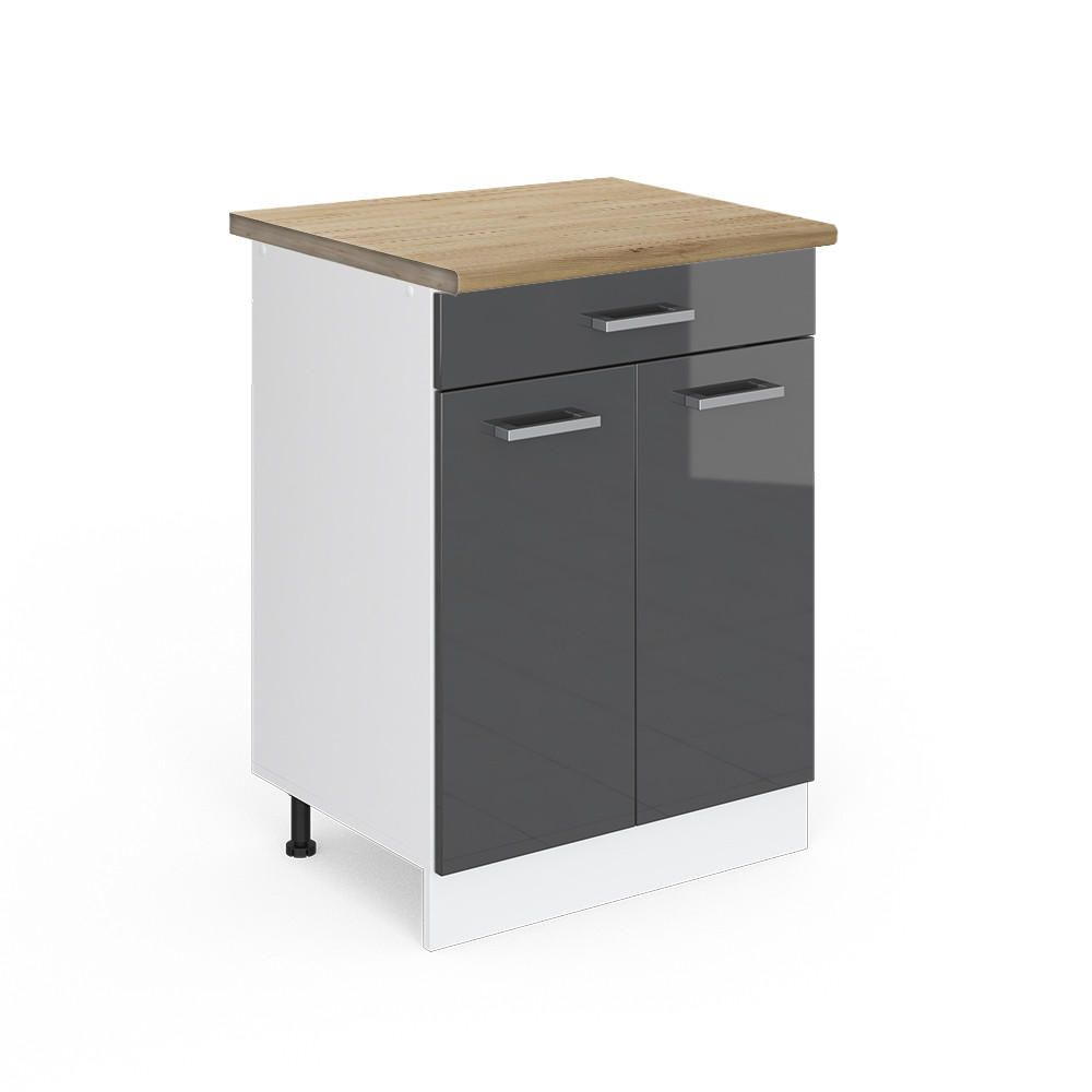 KÜCHENUNTERSCHRANK R-Line Anthrazit Hochglanz 60 cm mit Schublade AP Eiche - Anthrazit/Weiß, Holzwerkstoff (60/81.6/60cm) - Vicco