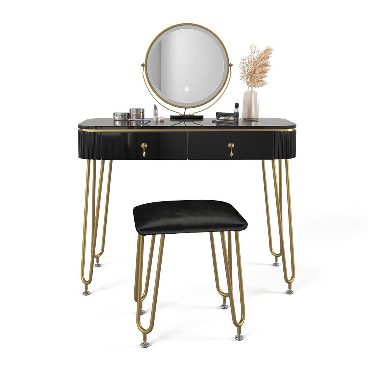 SCHMINKTISCH Grace Schwarz 100 cm mit LED Beleuchtung und Hocker - Schwarz, Holzwerkstoff (100/126/40cm) - Vicco