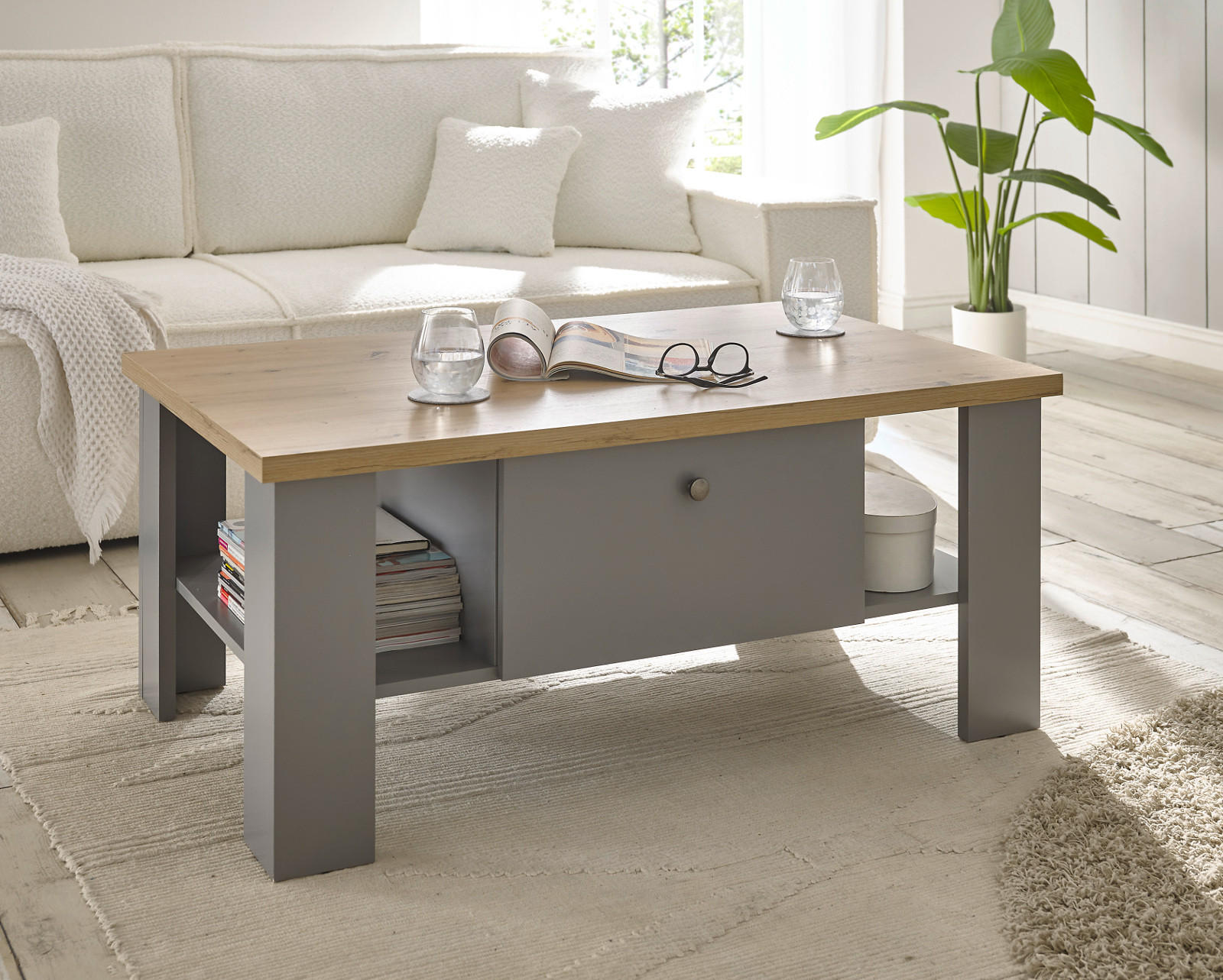 COUCHTISCH grau, Artisan Eiche Landhaus 107 x 67 cm, Beistelltisch mit Schubkästen - Silberfarben/Hellgrau, Holzwerkstoff/Metall (107/67/46cm) - Furn.Design