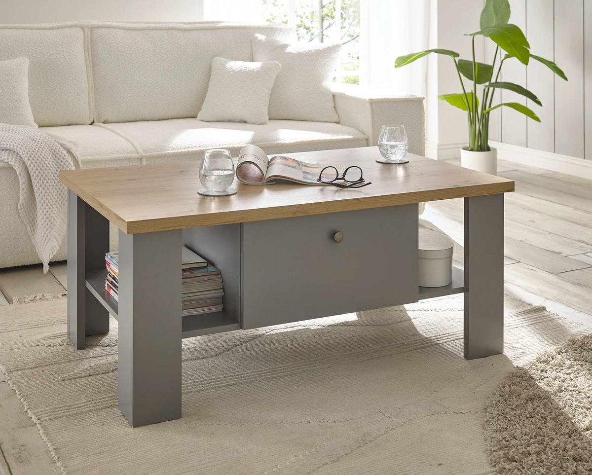 COUCHTISCH grau, Artisan Eiche Landhaus 107 x 67 cm, Beistelltisch mit Schubkästen - Silberfarben/Hellgrau, Holzwerkstoff/Metall (107/67/46cm) - Furn.Design