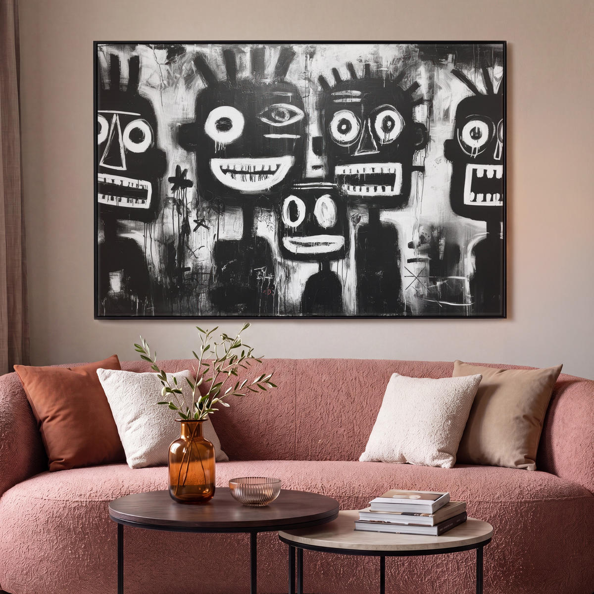 LEINWAND Bilder mit Rahmen - Malerei - Figuren - Schwarz - Abstrakt - 120x80 - Schwarz, Textil (120/80cm) - MuchoWow