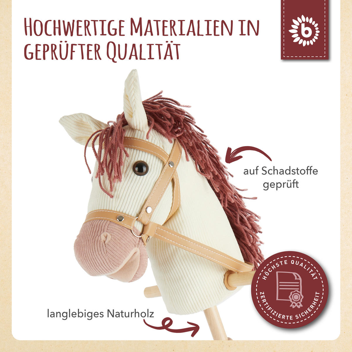 BIECO Steckenpferd Kinder Ginger | Hobby Horse Pferde | Steckenpferd Rollen | Steckenpferd Holz Pferd Stab | Stock Pferd - Weiß, Textil (24/100cm) - Bieco Spielwaren