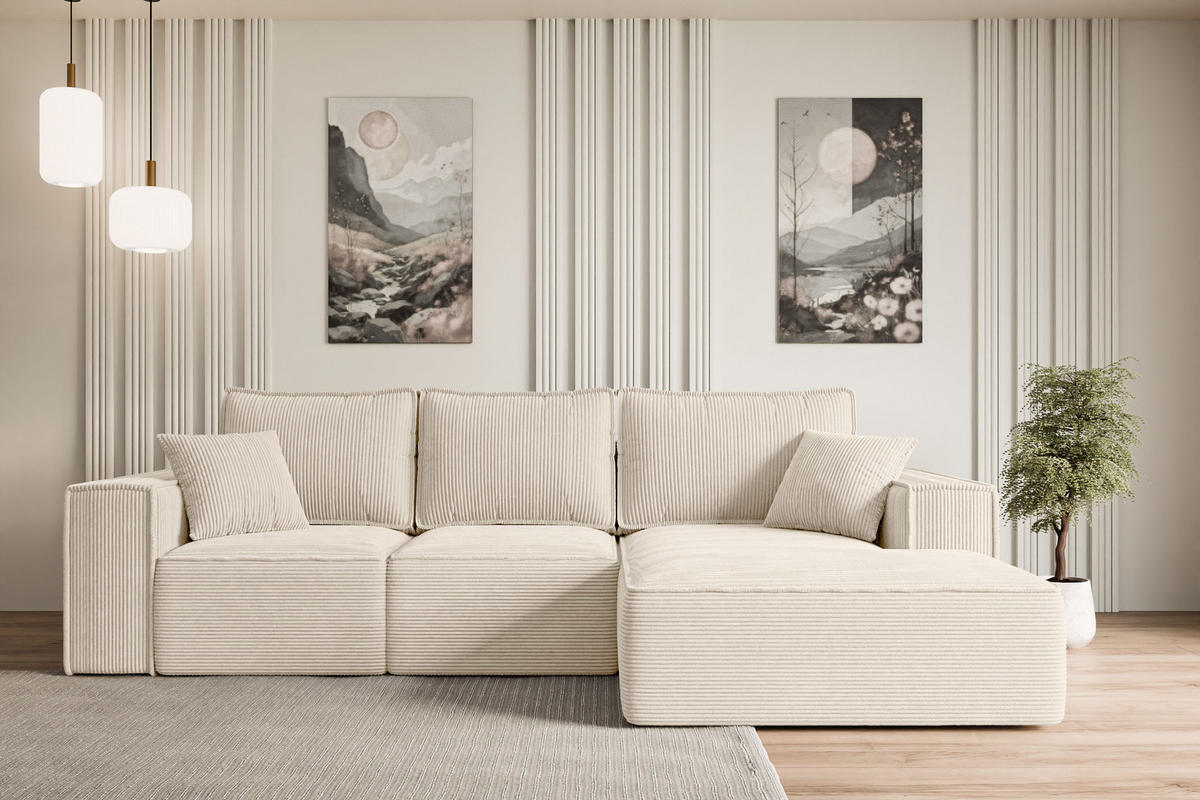 ECKSOFA mit Schlaffunktion und Bettkasten SERRA-L-S - 266x161x87 cm Beige Cord - Beige/Schwarz, Holzwerkstoff/Kunststoff (266/161cm) - ALTDECOR