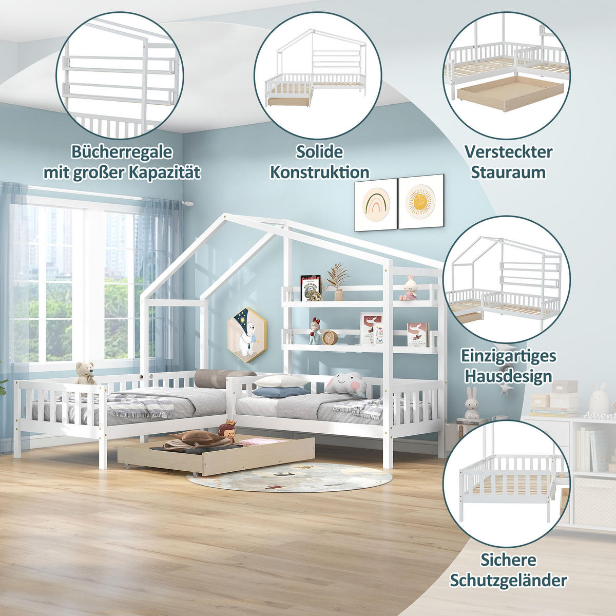 HAUSBETT 90/200 cm & 70/140 cm in Weiß Kinderbett mit Schublade, Regalen und Lattenrost in L-Form - Weiß, Holzwerkstoff (90/200cm) - STILVORA
