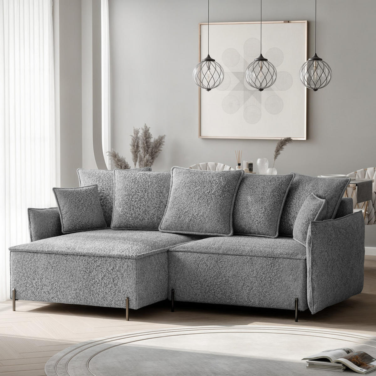 ECKSOFA MARCO Links, mit Schlaffunktion und Bettkasten, Hellgrau - Hellgrau, Textil/Metall (221/148cm) - Idohome