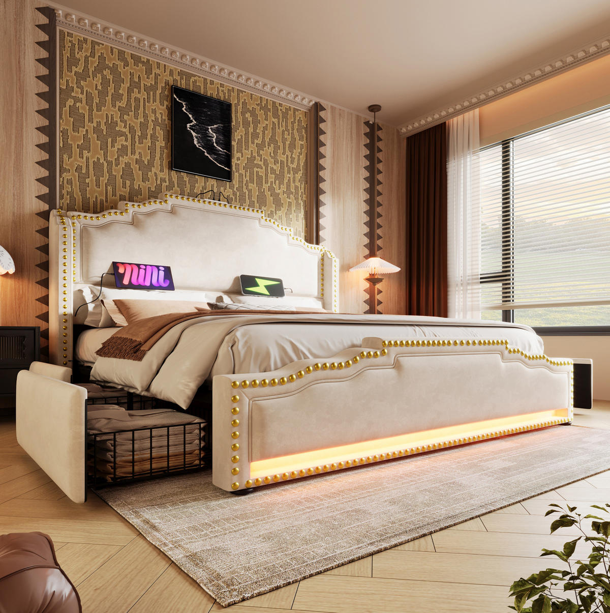 POLSTERBETT mit 4 Schubladen und LED 140x200 cm Samt Beige - Beige, Metall (140/200cm) - Meubliv