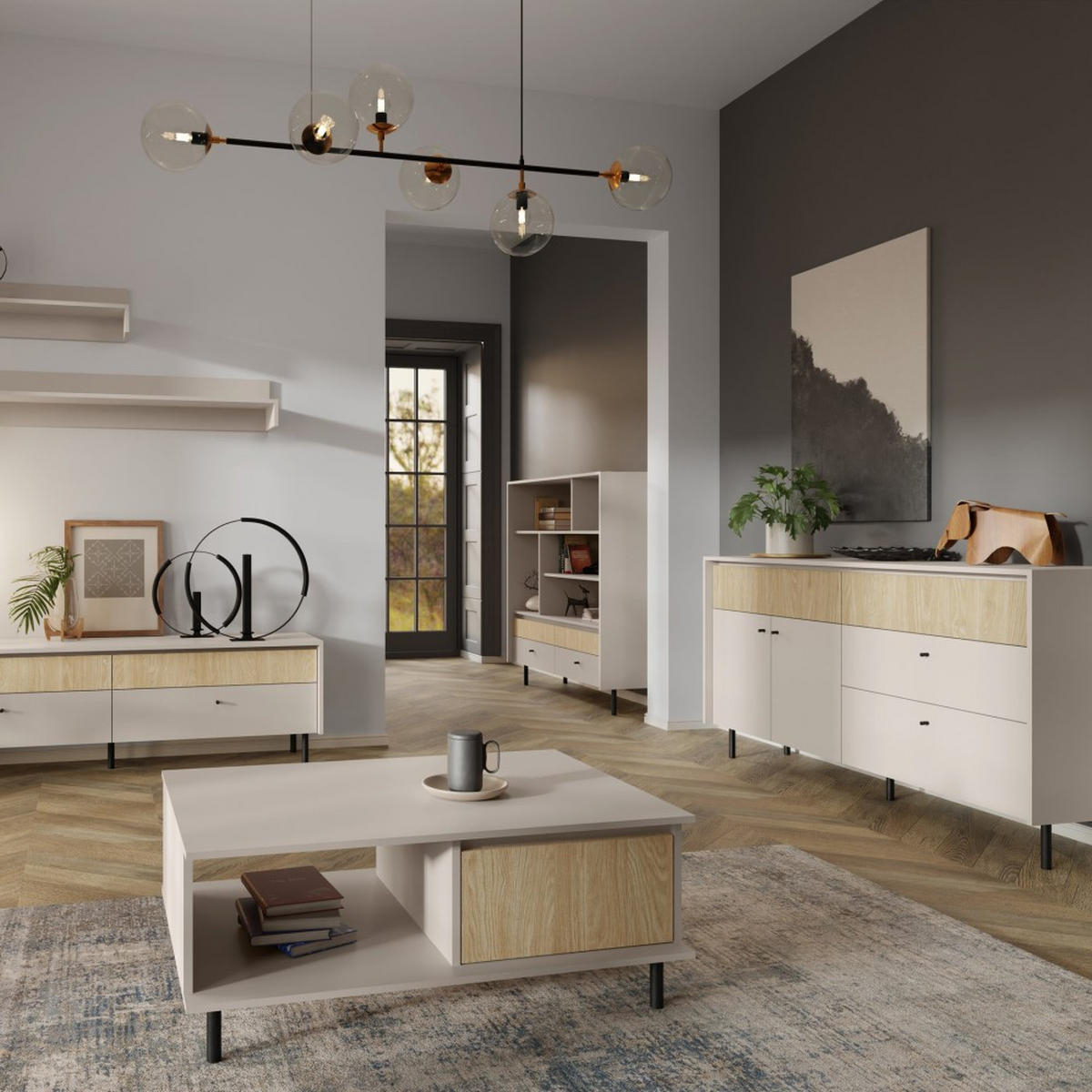 VITRINE Monako mit 2 Schubalden und 3 Türen, Beige Sand - Eichefarben/Beige, Holzwerkstoff/Metall (103/125/42cm) - Beautysofa