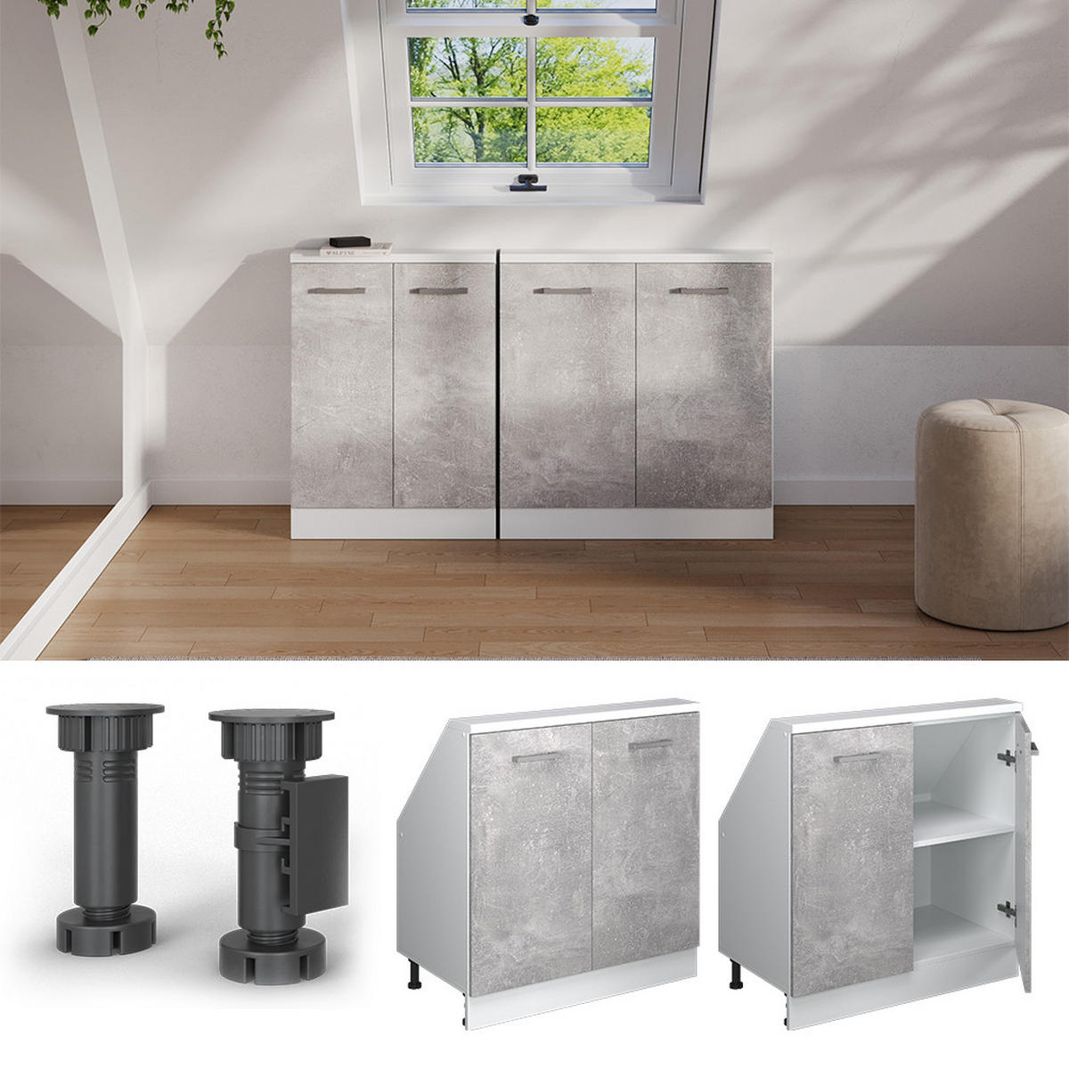 KUCHYŇSKÁ SKŘÍŇKA POD ŠIKMOU STŘECHU R-Line Beton/bílá - bílá/šedá, kompozitní dřevo (80/81.6/46cm) - Vicco