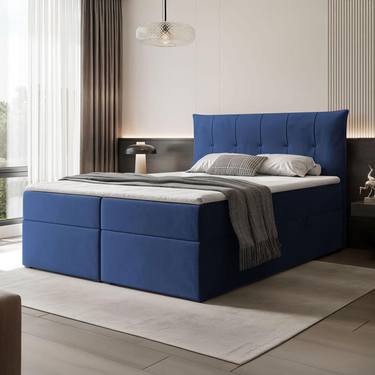 BOXBETT CHESTER 180/200 cm mit Matratze und Topper, Marineblau - Dunkelblau, Holzwerkstoff/Textil (180/200cm) - Idohome