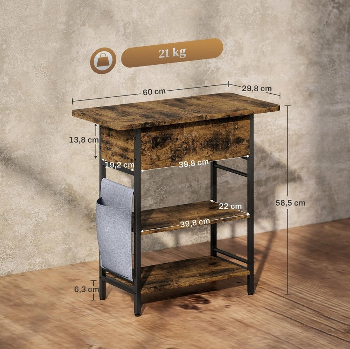 BEISTELLTISCH 60/29,8/58,5 cm Rustikal Braun mit Steckdosenleiste und USB-Anschlüssen - Braun, Holzwerkstoff (60/39.8/58.5cm) - OKWISH