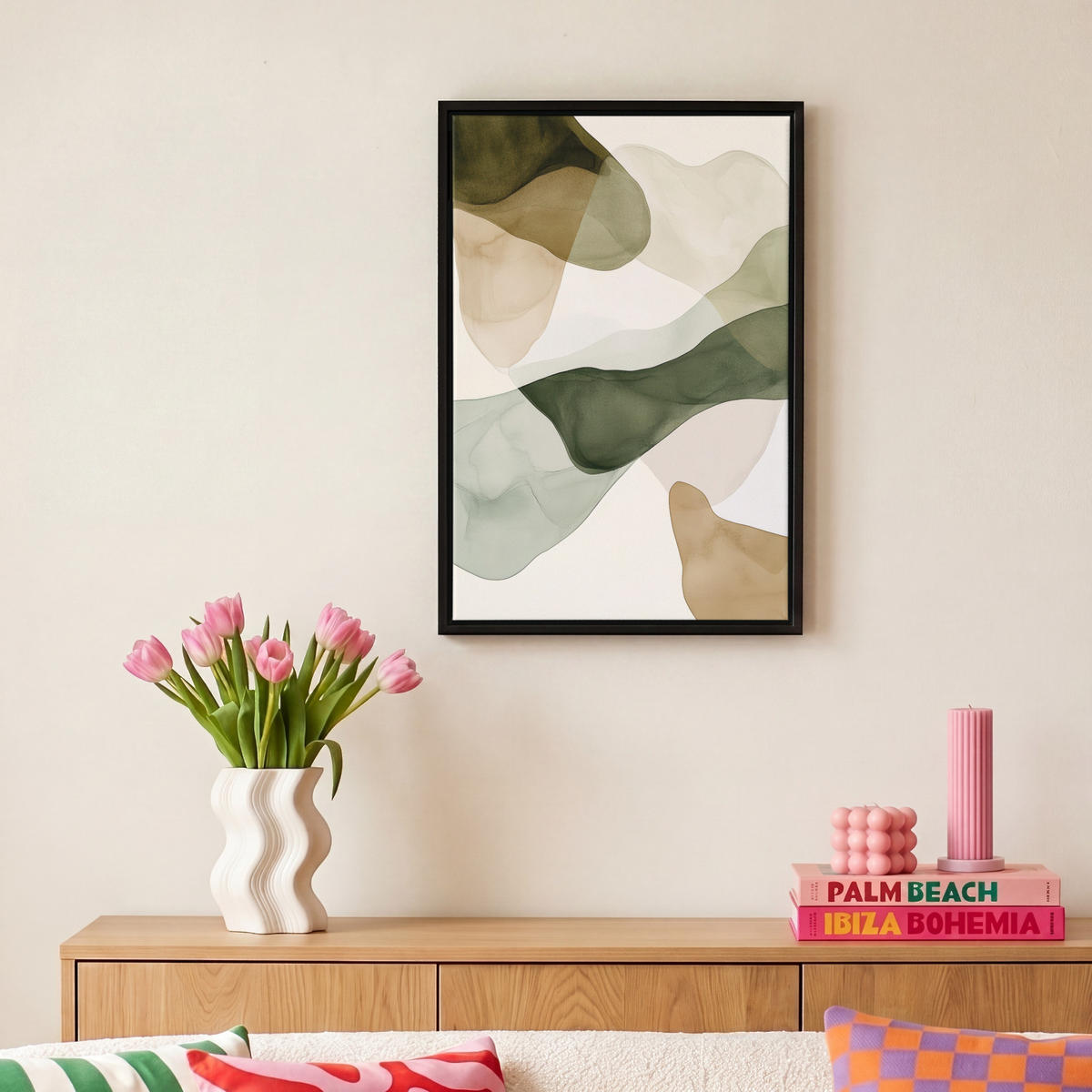 LEINWAND Bilder mit Rahmen - Japandi - Abstrakt - Grün - 20x30 - Salbeigrün, Textil (20/30cm) - MuchoWow