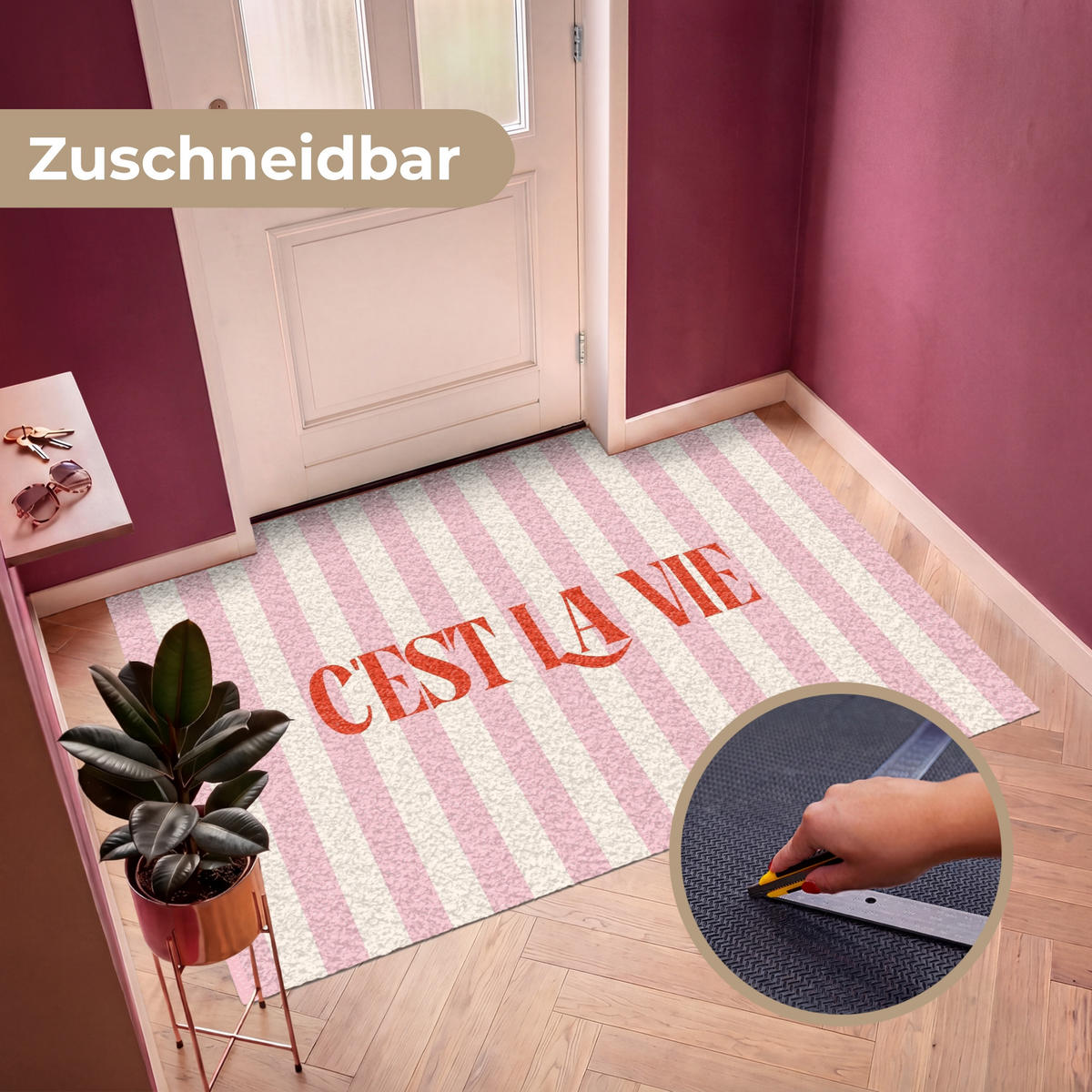 FUSSMATTE Zartrosa – Rot – Streifen – C'est La Vie 180x120 cm - Rosa, Kunststoff (180/0.4cm) - MuchoWow