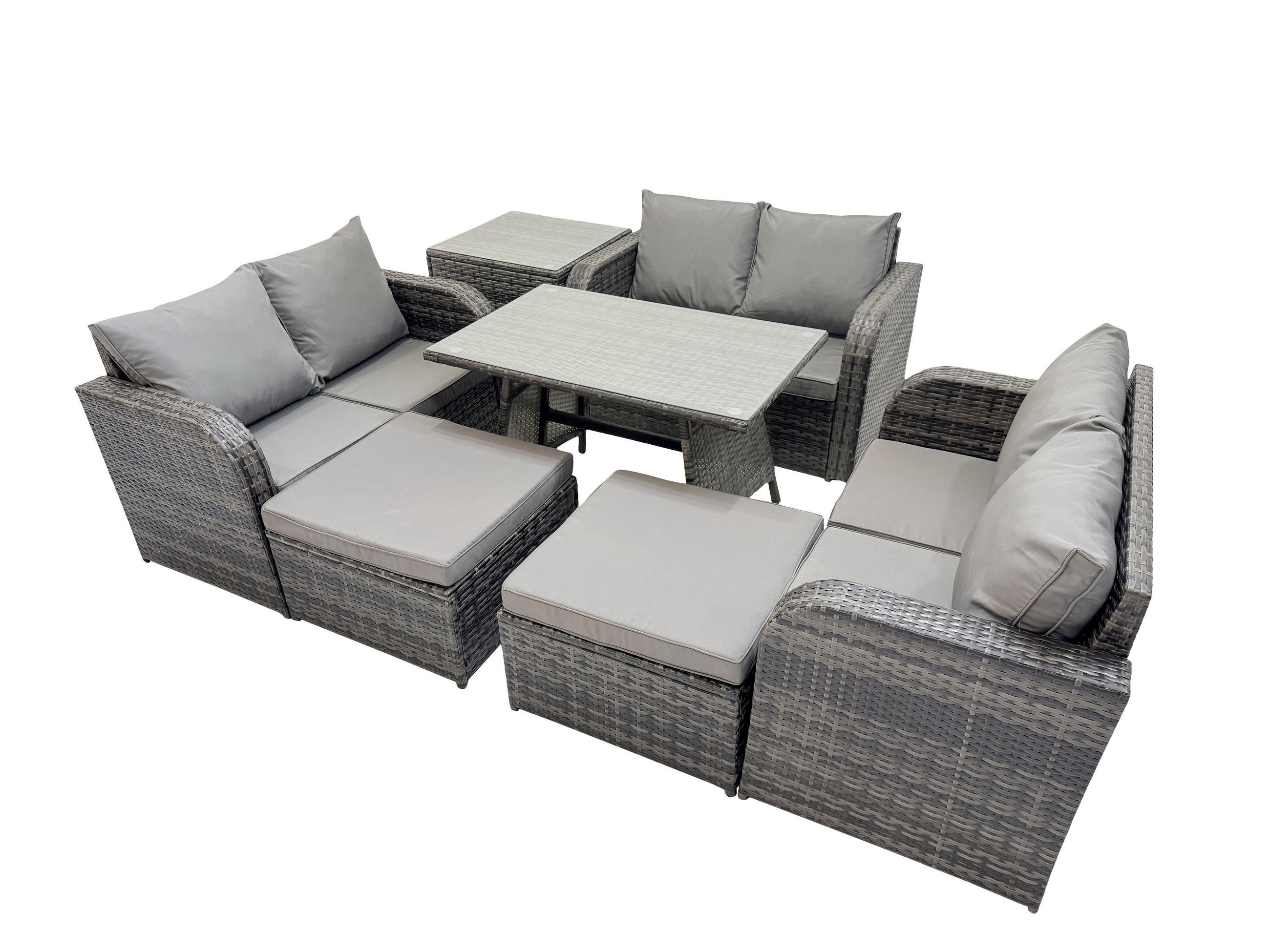 GARTENMÖBELSET mit ESSTISCH,SOFA Polyrattan 8-Sitzer - Dunkelgrau/Grau, Glas/Kunststoff - Fimous