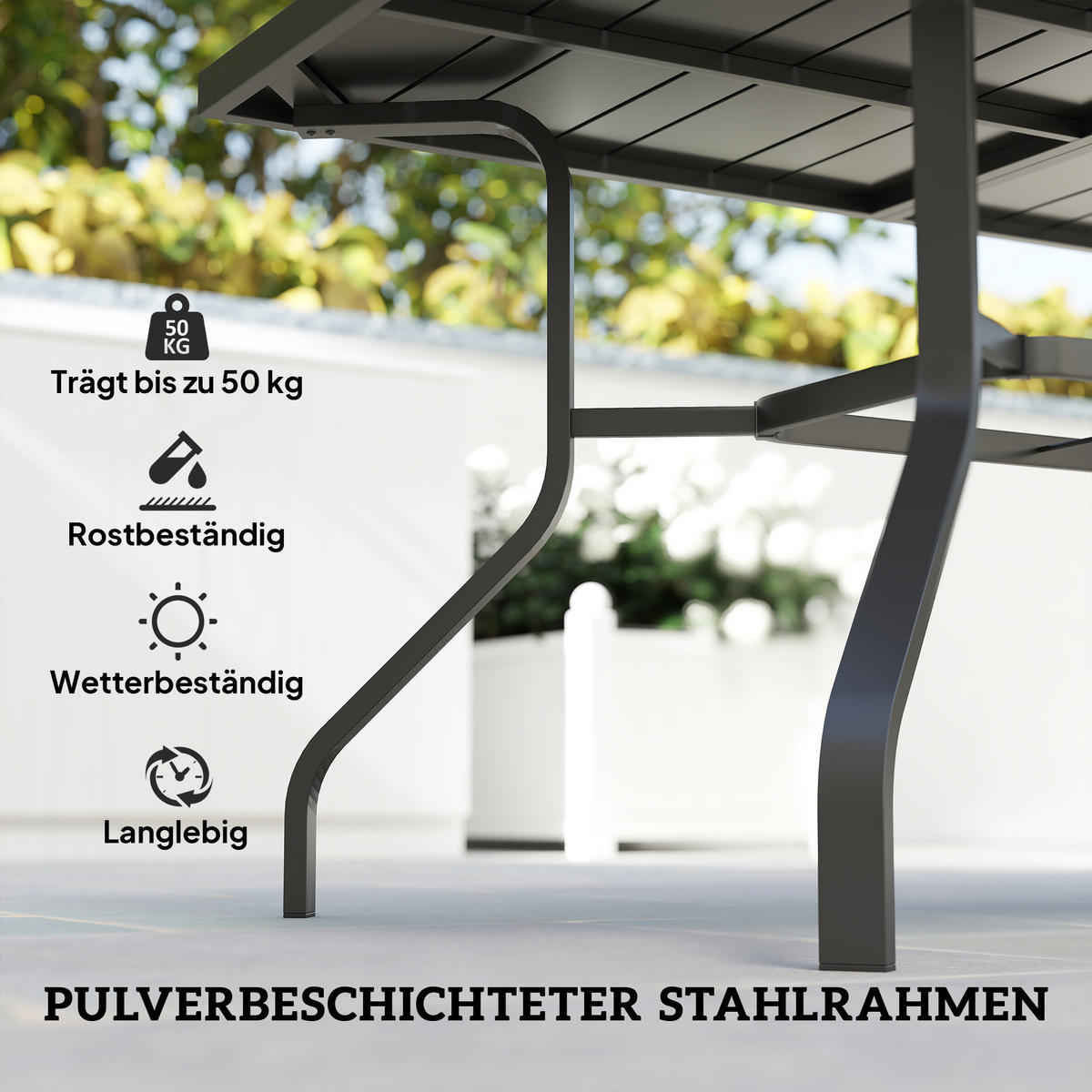GARTENTISCH 152x90 cm, Wetterfest Balkontisch aus Stahl, mit Schirmloch - Schwarz, Metall (152/90/74cm) - Outsunny