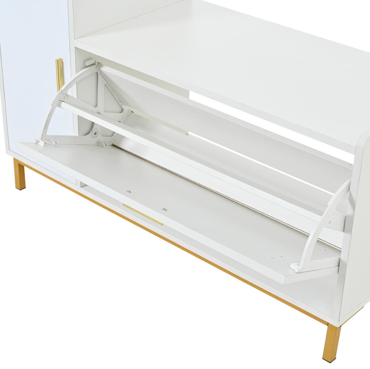 SCHUHSCHRANK 100/68/38 cm Weiß/Gold aus Spanplatte und Metall mit Sitzkissen - Weiß, Holzwerkstoff (100/68/38cm) - OKMYHOME