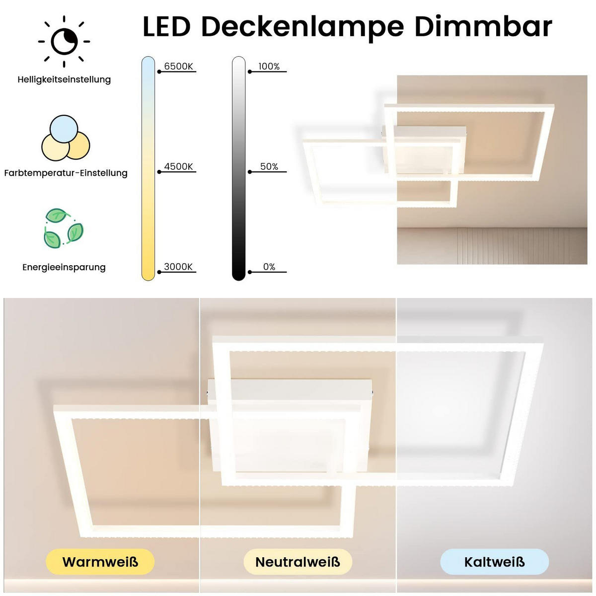 LED-DECKENLEUCHTE Friedhelm 54/54/8 cm - Weiß, Metall (54/54/7.5cm) - ZMH