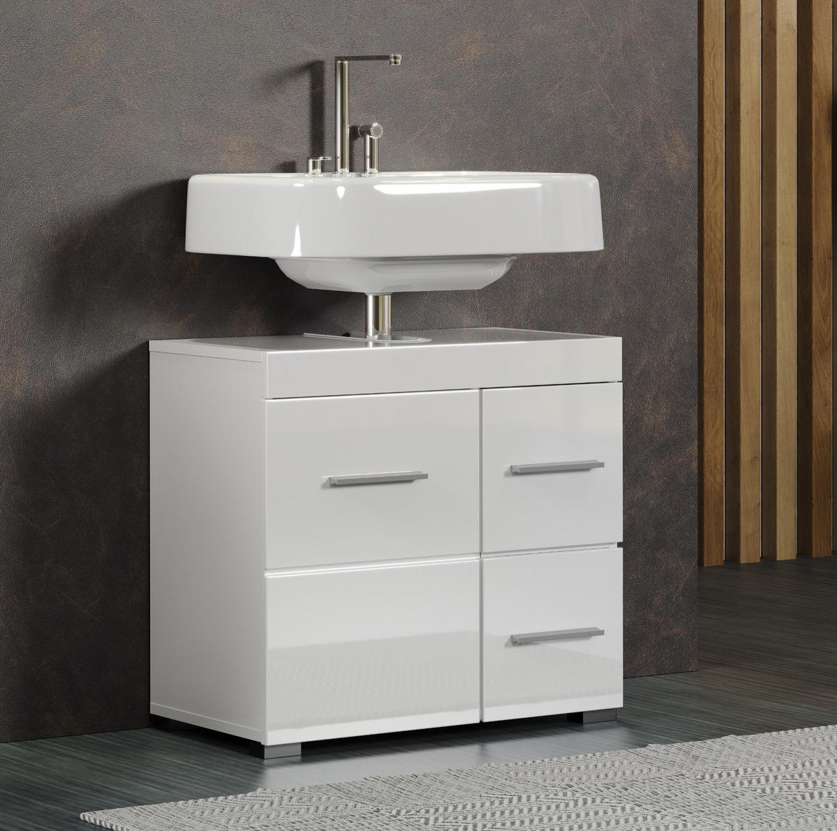 WASCHBECKENUNTERSCHRANK weiß Hochglanz 60 cm, Badschrank mit viel Stauraum - Weiß Hochglanz/Alufarben, Holzwerkstoff/Kunststoff (60/56/34cm) - Top.Furn