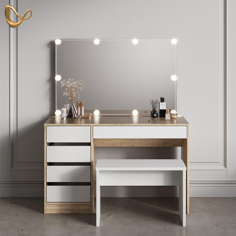 SCHMINKTISCH Imola Sonoma/Weiß mit LED Beleuchtung und Bank - Weiß/Sonoma Eiche, Holzwerkstoff (120/75/55cm) - Livinity®