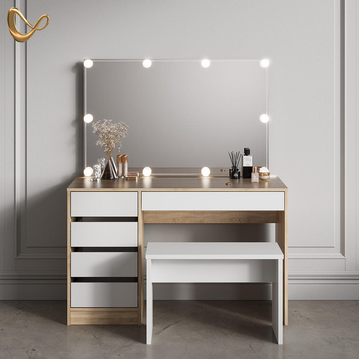 SCHMINKTISCH Imola Sonoma/Weiß mit LED Beleuchtung und Bank - Weiß/Sonoma Eiche, Holzwerkstoff (120/75/55cm) - Livinity®