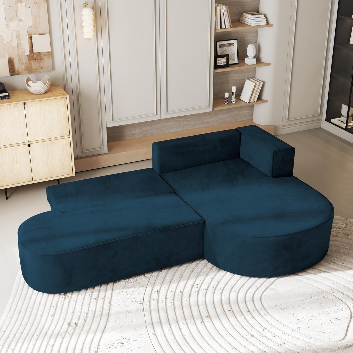 ECKSOFA CORTIO M R-S Blau Velours-Stoff mit Schlaffunktion - Blau, Holz (265/174cm) - MASSENO