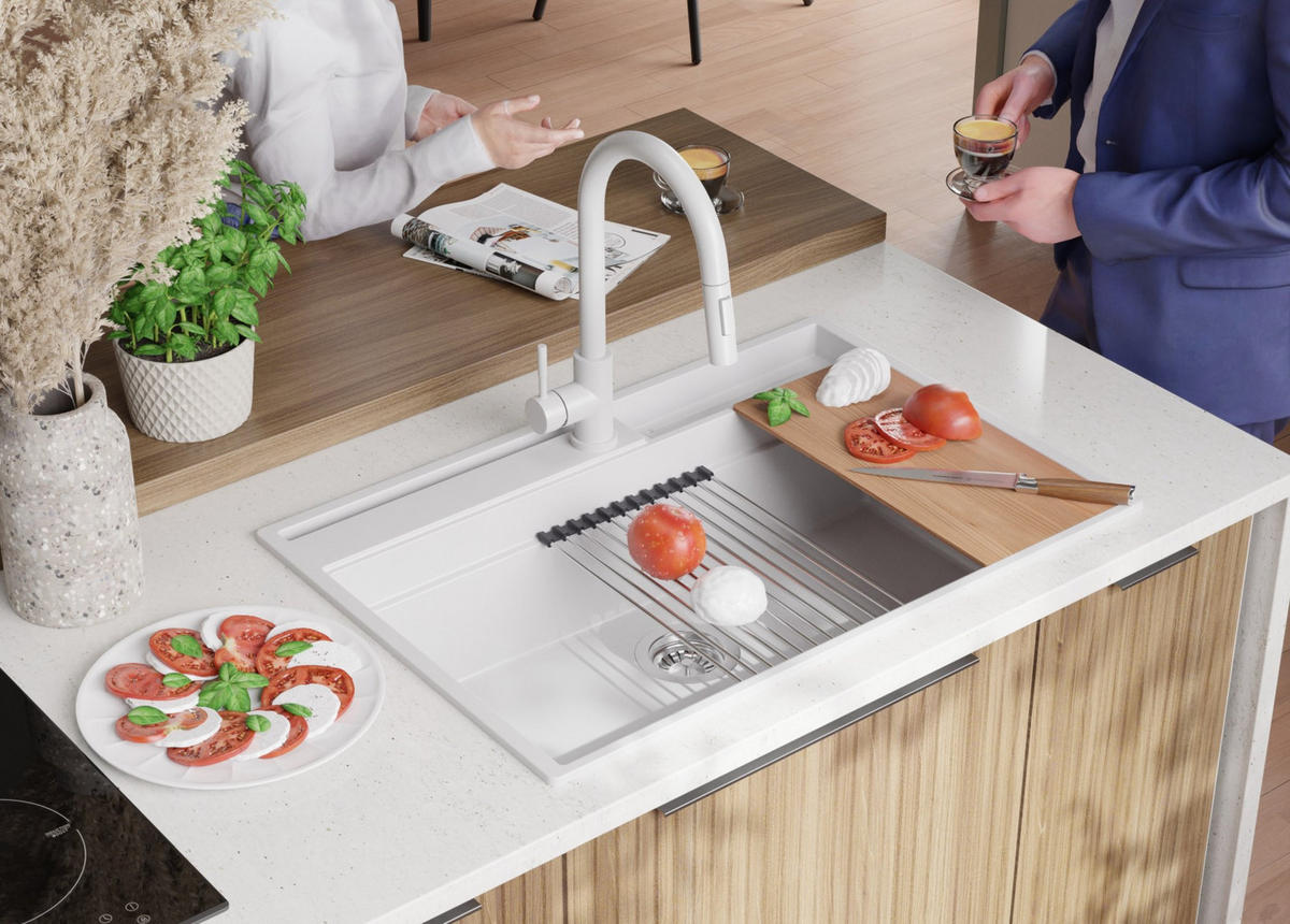 GRANITSPÜLE Oslo Pocket, 2-er set Weiß 78/53 cm 1 Becken + Küchenarmatur 40/20 cm + Ablauf-Set + Küchenzubehörset ab 80er Unterschrank - Chromfarben/Beige, Kunststoff (78/20/53cm) - Primagran