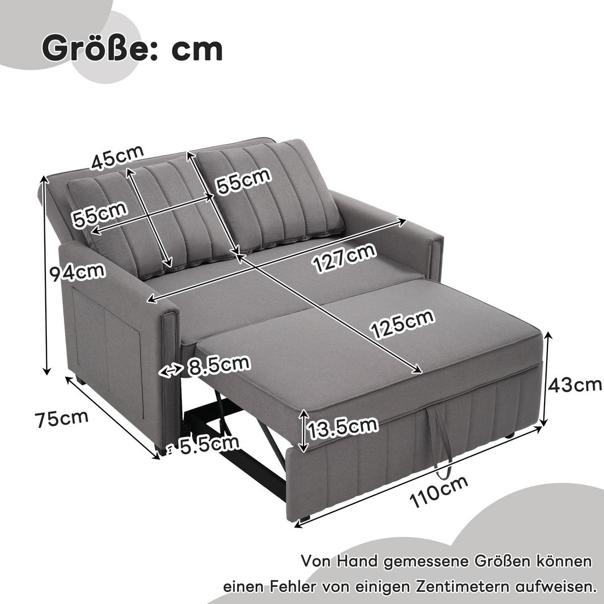 SOFA multifunktional mit Schlaffunktion Leinen Antique Gray 127/75/94 cm - Grau, Kunststoff (127/94/75cm) - OKWISH