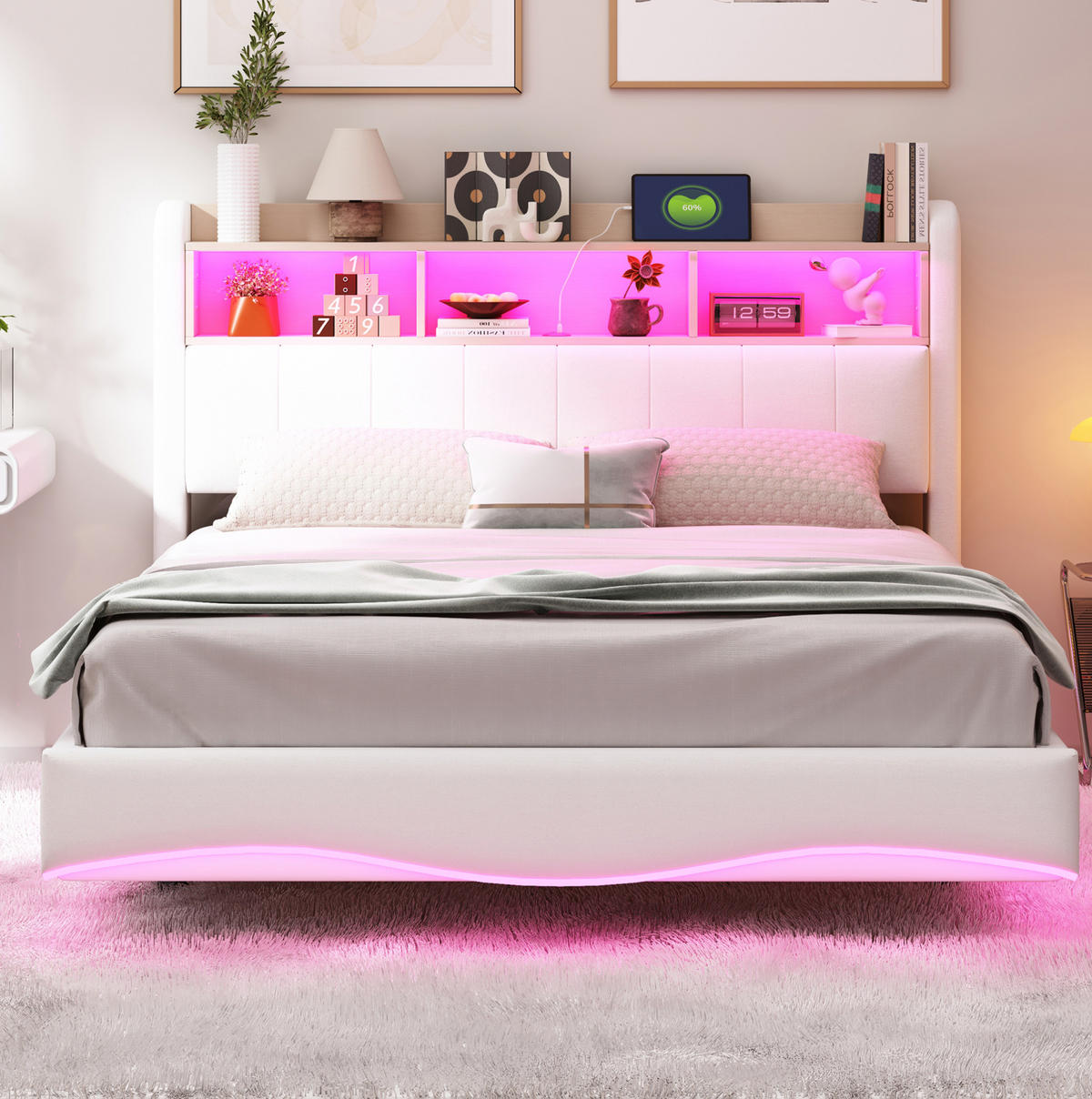ČALÚNENÁ posteľ 140/200 cm s LED osvetlením, USB a Type-C portom, úložným priestorom a kovovým rámom, Béžová - béžová, textil (140/200cm) - Redom