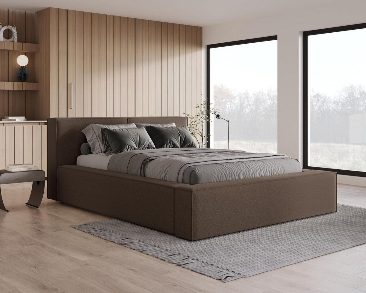 POLSTERBETT 180x200 mit Bettkasten, Lattenrost und Kopfteil, Eleganter Bouclé-Stoffbezug Braun - Braun, Holz (180/200cm) - Chilly