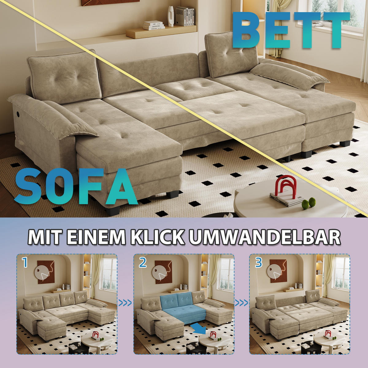 WOHNLANDSCHAFT Kamel 278/127/87 cm 4-Sitzer Modular mit USB-Ladefunktion - Cognac, Textil (278/87/127cm) - PANGIVO