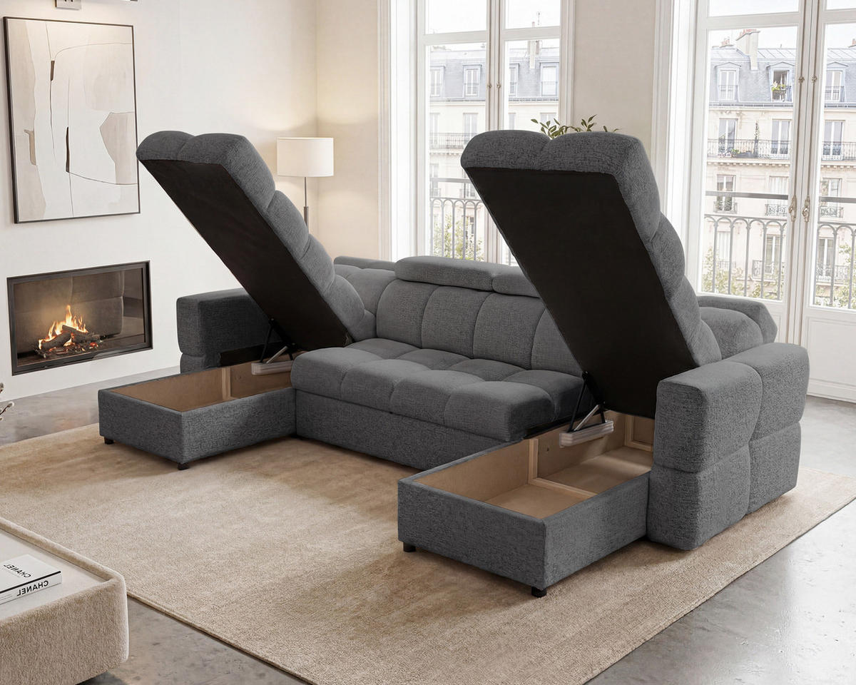 WOHNLANDSCHAFT BELUNO mit Schlaffunktion und Bettkasten Grau - Schwarz/Grau, Kunststoff/Textil (302/84/160cm) - Idohome