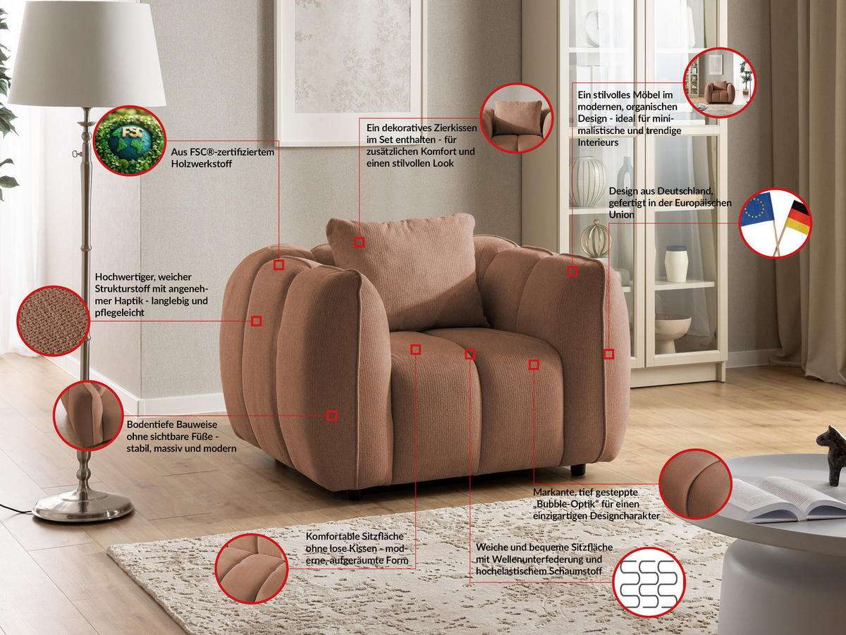 SESSEL Nubira in tief gesteppter Bubble-Optik aus weichem Terrakotta Strukturstoff im modernen Design - Terracotta/Schwarz, Holz/Kunststoff (115/69/89cm) - S-Style Möbel