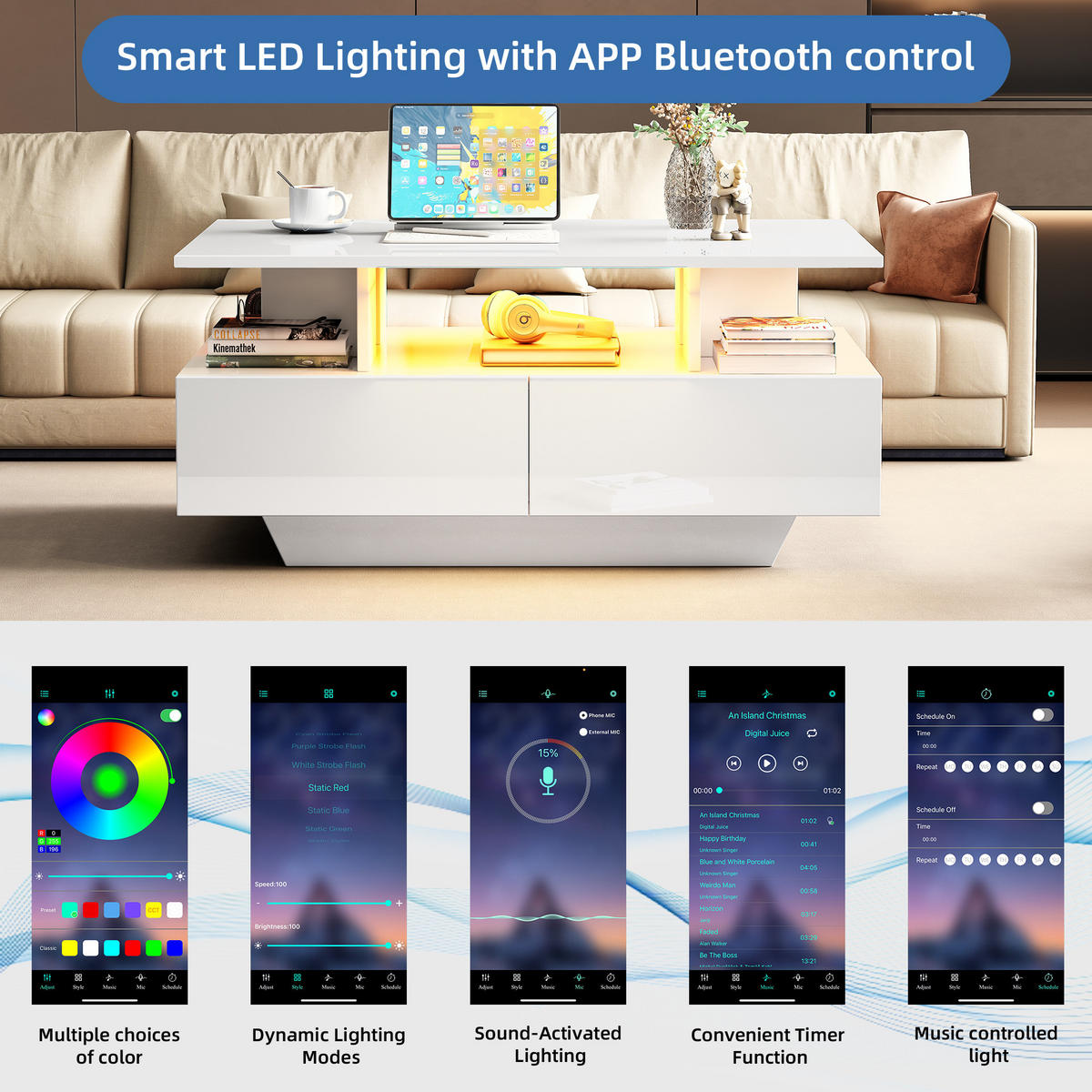 COUCHTISCH DE-176 Modern mit LED-Beleuchtung Weiß - Weiß, Holzwerkstoff (55/90/41cm) - ComfortXL