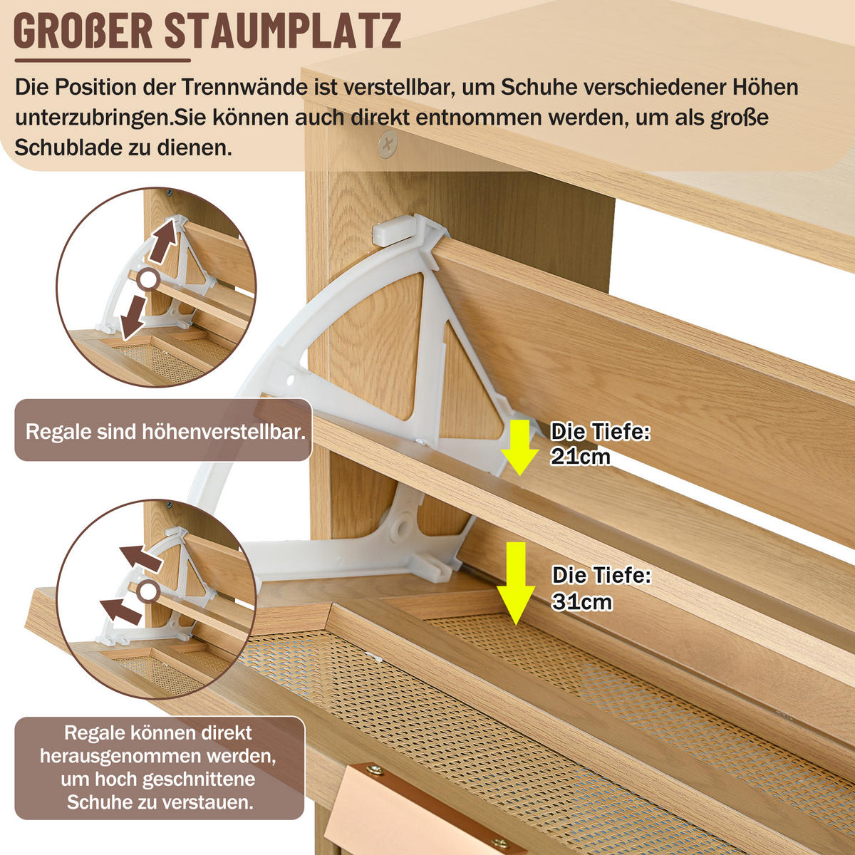 SCHUHSCHRANK Rattan 4 Klappen Landhausstil 100x25x90cm - Eichefarben, Holzwerkstoff (25/90/100cm) - FLIEKS