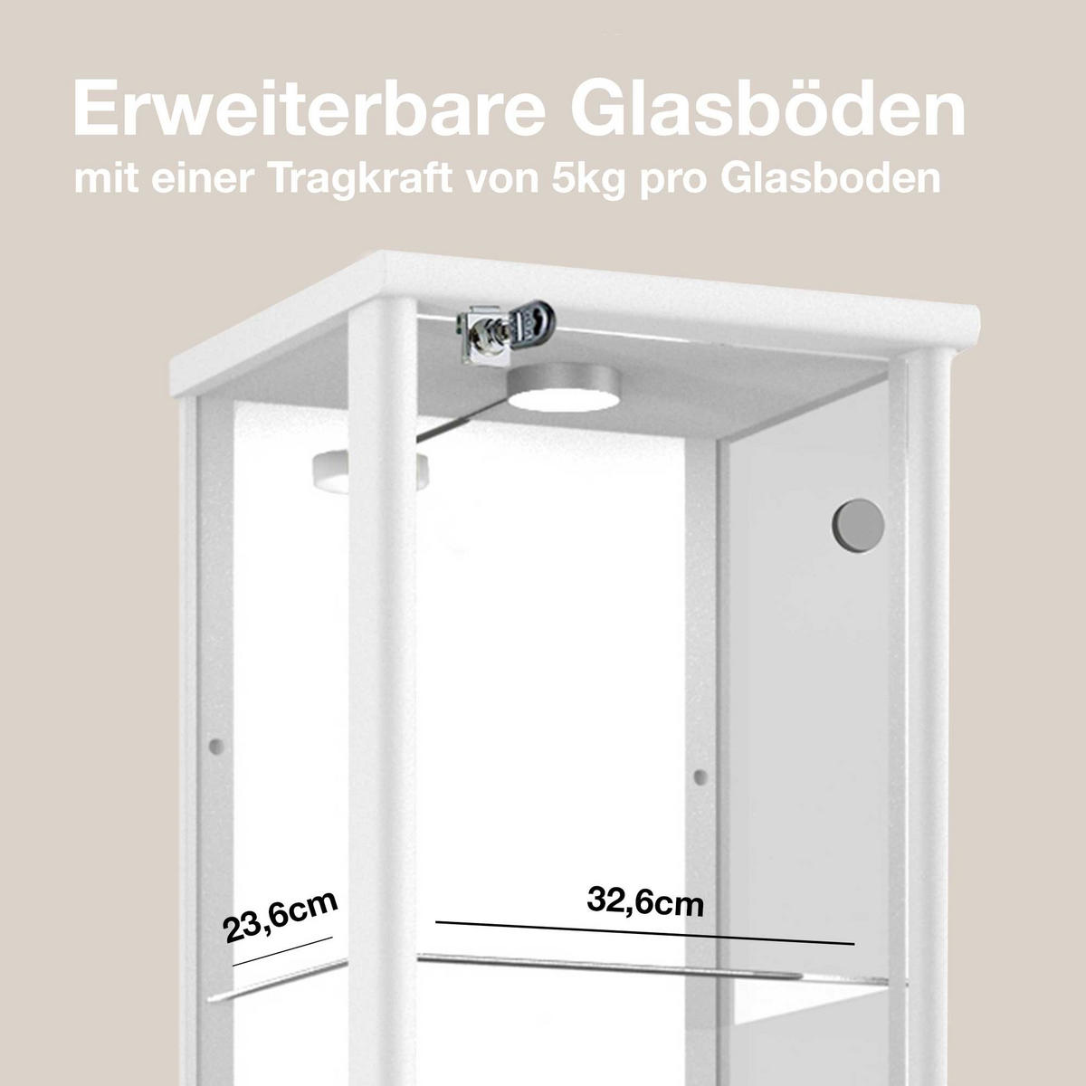 GLASVITRINE 33/37/176 cm mit Spiegel, LED, Schloss & 4 höhenverstellbaren Glasböden - Transparent/Silberfarben, Glas/Holzwerkstoff (37/176/33cm) - K-Möbel