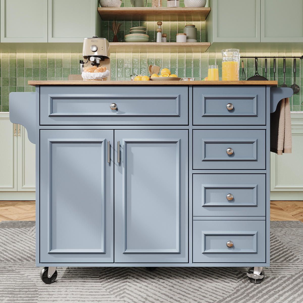 KÜCHENWAGEN 110x75x92cm Blau mit verstellbaren Fächern & Schubladen - Blau, Holzwerkstoff (110/92/75cm) - Modfu