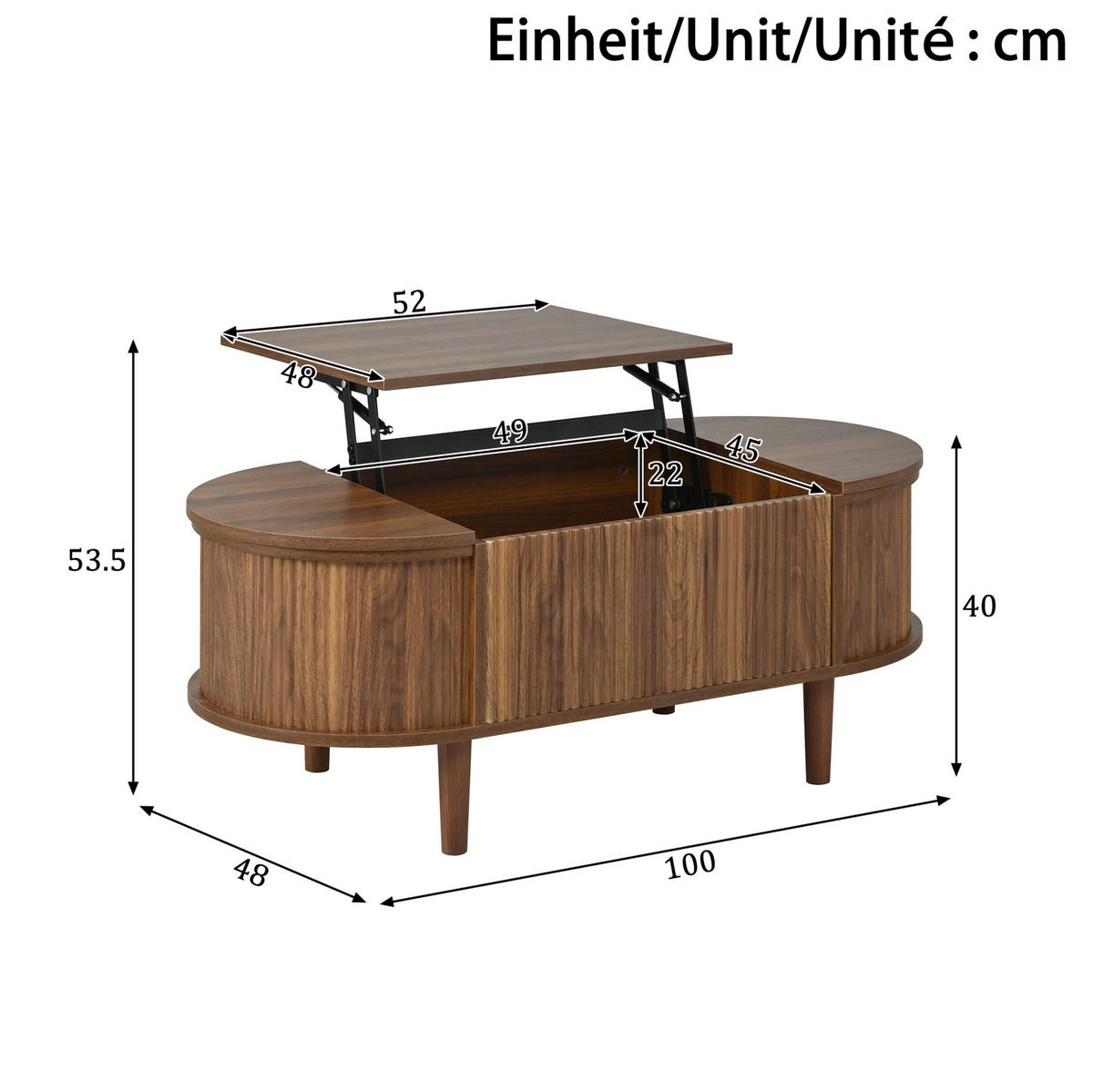 KLUB stolić 100/48/53,5 cm orah od MDF-a s podiznom pločom i spremištem - boje oraha, drvni materijal (100/48/53.5cm) - OKWISH