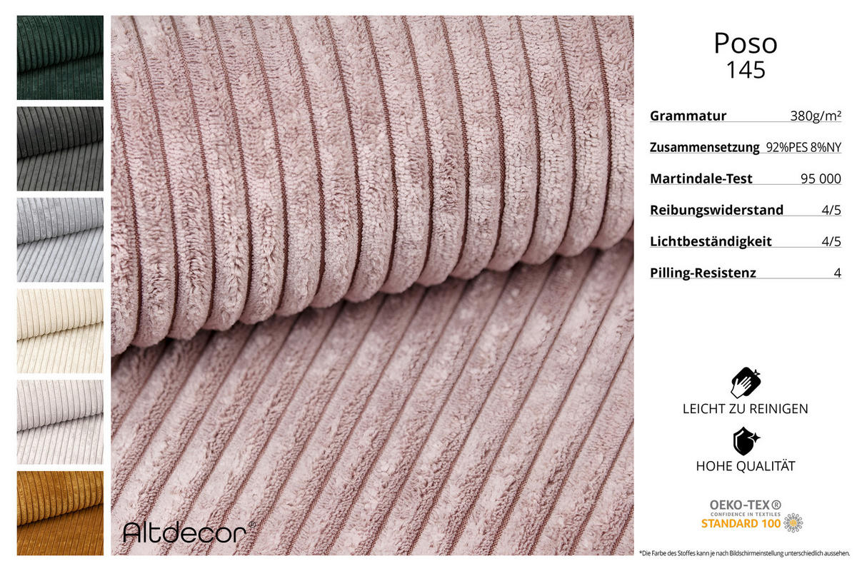 ECKSOFA Ottomane Rechts OLEA-L2 - 289x176x71 cm Rosa Cord - Schwarz/Rosa, Holzwerkstoff/Kunststoff (289/176cm) - ALTDECOR
