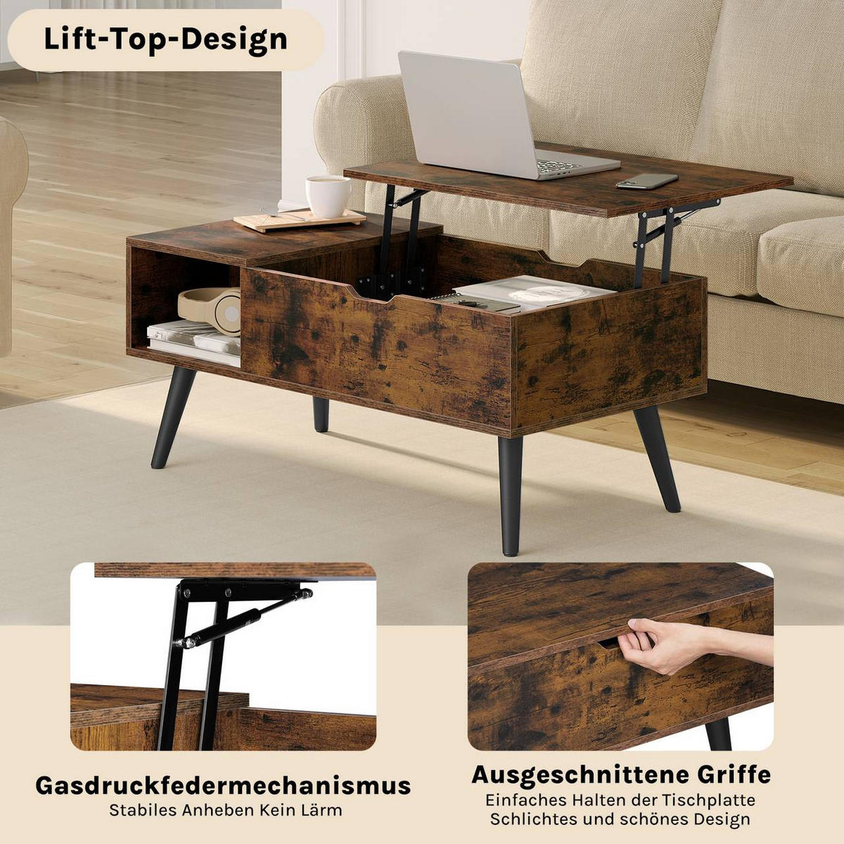 COUCHTISCH höhenverstellbar(47-53 cm), mit Stauraum, Vintagebraun - Dunkelbraun/Schwarz, Holzwerkstoff/Metall (50/100/43cm) - Woltu