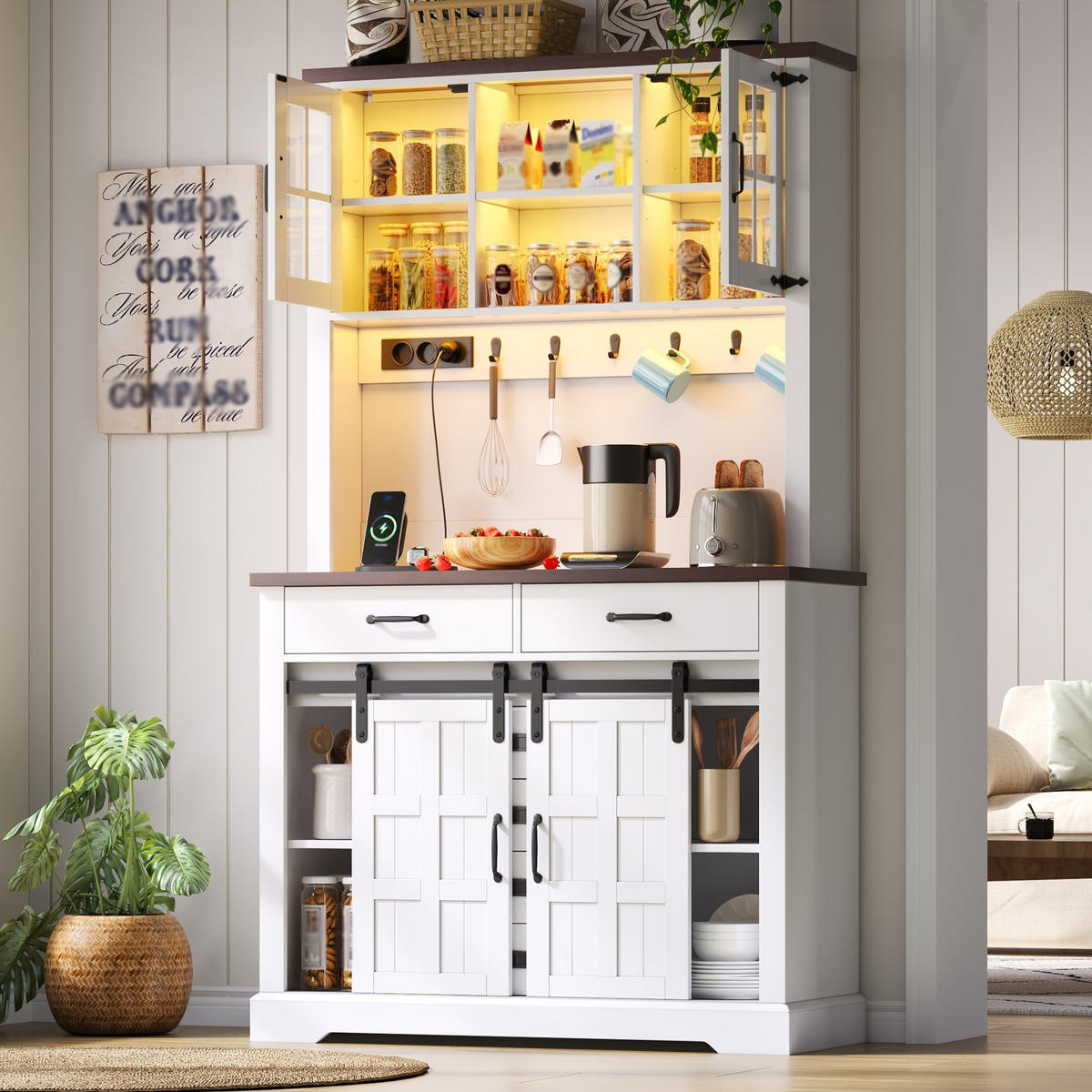 BUFFET 108/40/181 cm Weiß mit Steckdose, LED-Beleuchtung, Arbeitsplatte und 6 Schubladen - Weiß, Holz (108/180/40cm) - Oxeza