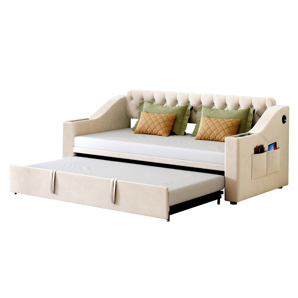 SCHLAFSOFA 90/190 cm ausziehbar auf 180/190 cm mit USB-C, USB und Stauraum aus Samt, Beige - Beige, Textil (98.5/78.5/215cm) - Redom