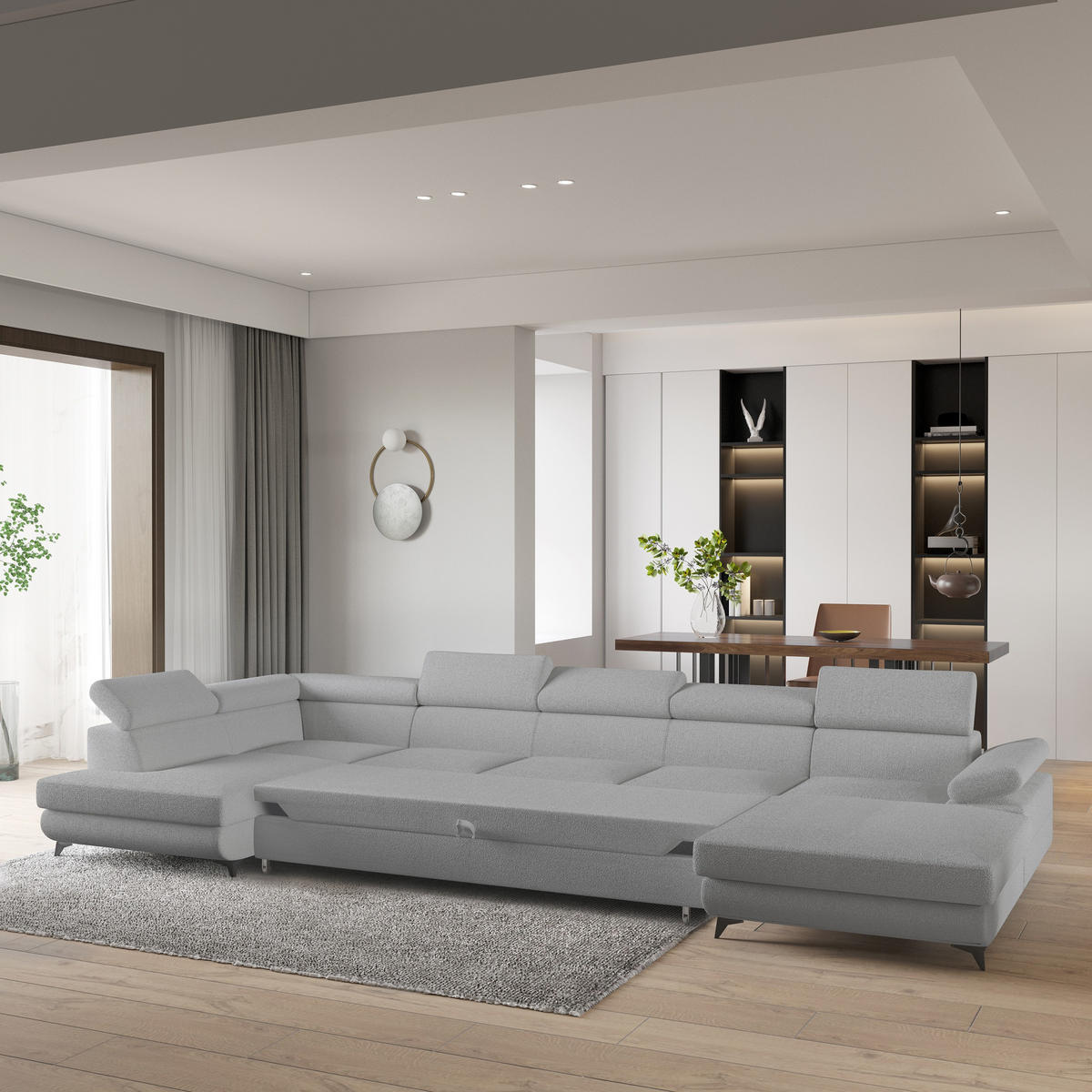 WOHNLANDSCHAFT MONTIVA Hellgrau Boucle-Stoff mit Schlaffunktion - Hellgrau, Holz (410/89/190cm) - MASSENO