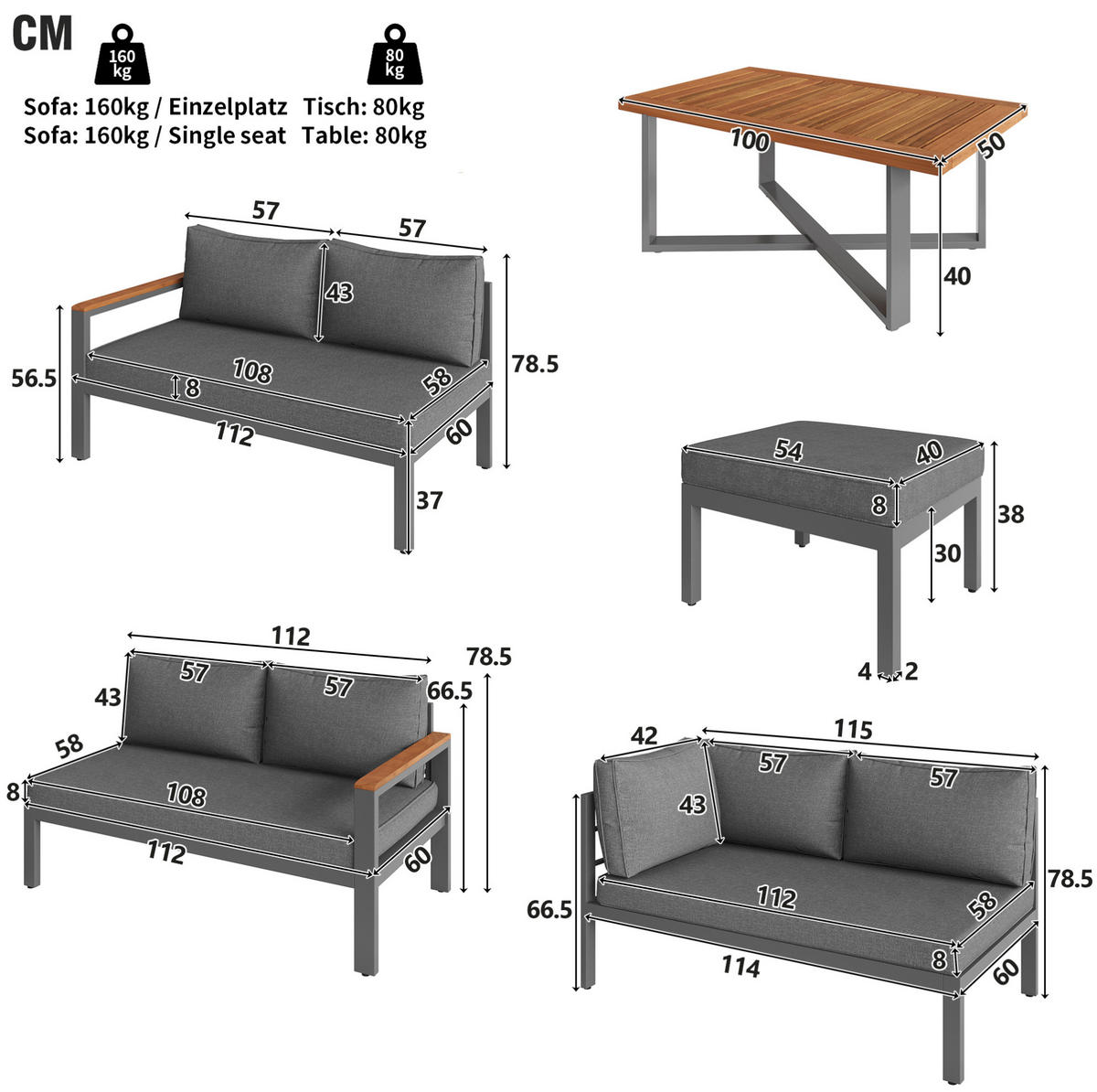 GARTENLOUNGE-SET 114/60/78,5 cm mit Tisch, verstellbaren Füßen, Holz-Tischplatte und Gestell aus verzinktem Eisen, Dunkelgrau - Grau, Metall - Redom