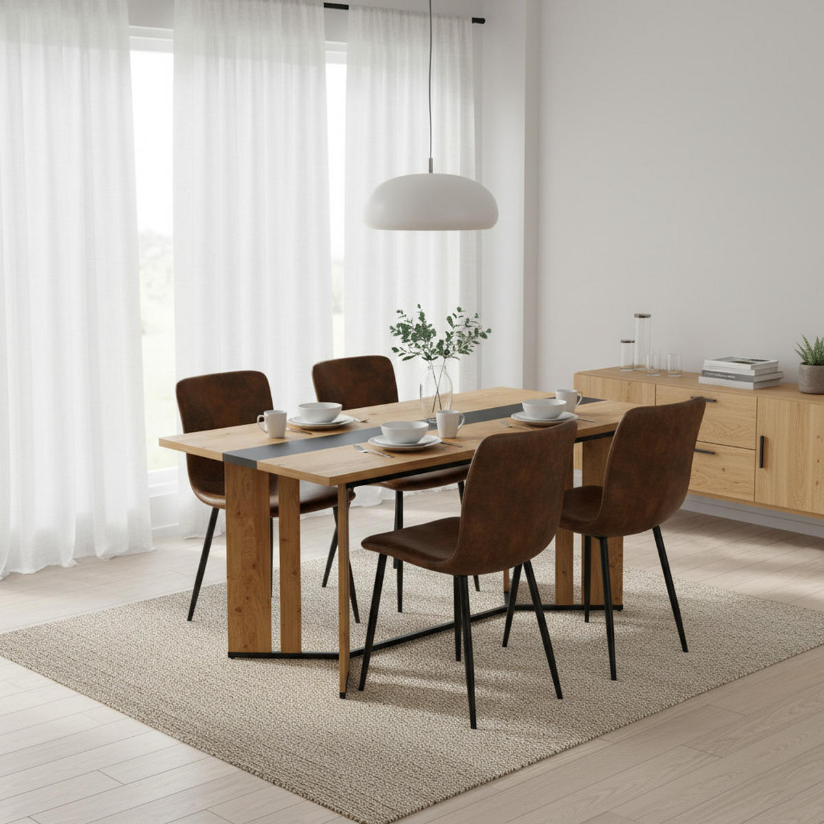 TISCHGRUPPE 5-teilig Design-Esstisch 150 cm Eiche-Optik mit Akzentstreifen & 4 Stühle - Schwarz/Eiche San Remo, Holzwerkstoff/Textil (150/76/80cm) - Urban Meuble