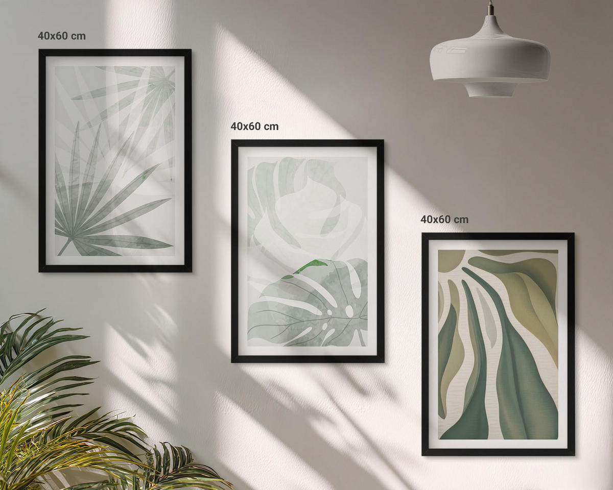 WANDBILDER 3er-Set - 40x60 cm Schwarzer Rahmen - Blätter von Pflanzen in Grün und Grau - Schwarz, Kunststoff (40/60cm) - ArtPrintCave